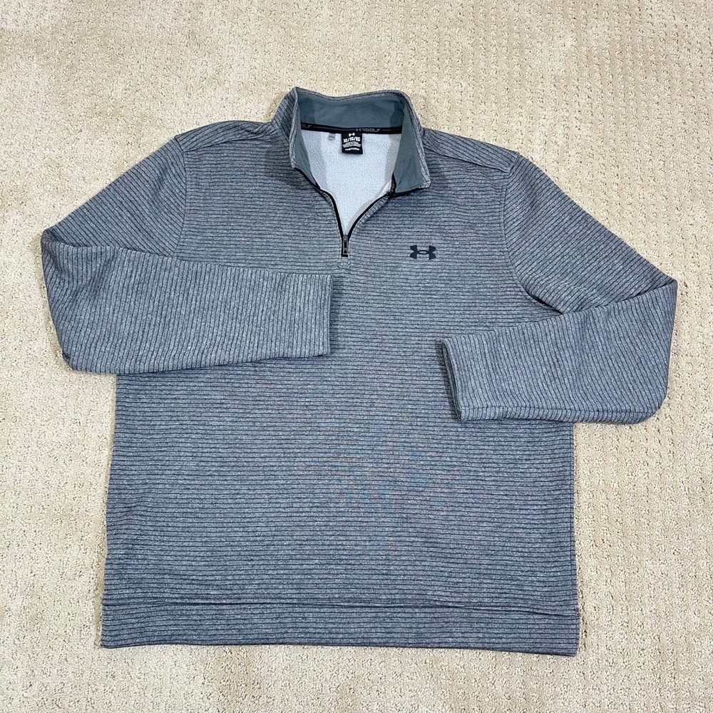 Under Armour Golf Pullover Men's XL Grey UA Storm Sweater Fleece 1/4 Zip Striped - Picture 2 of 9